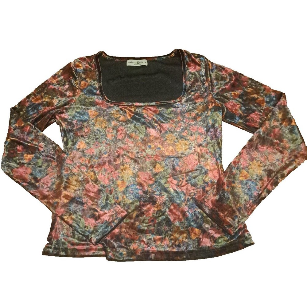 Natural Life Velvet Top Dark Floral Long Sleeve Square Neckline Cropped Medium